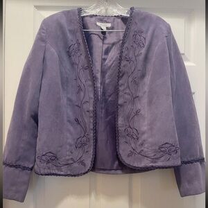 Dressbarn Purple Embroidered Open Front Jacket Blazer Faux Suede Formal Size M